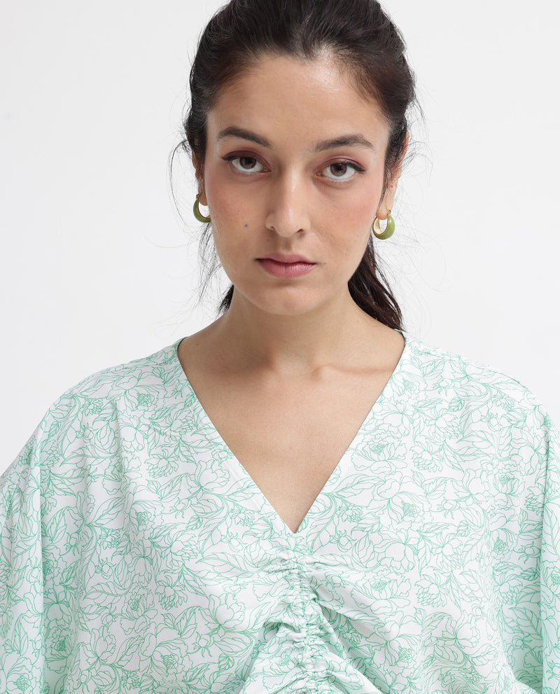 Rareism Women's Sepio-T Light Green Extended Sleeves V-Neck Relaxed Fit Floral Print Top