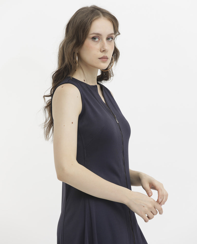 Rareism Women's Shoko Dark Blue Polyester Fabric Zip Closure Round Neck Sleeveless Regular Fit Plain Midi A-Line Dress