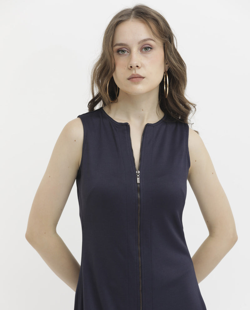 Rareism Women's Shoko Dark Blue Polyester Fabric Zip Closure Round Neck Sleeveless Regular Fit Plain Midi A-Line Dress