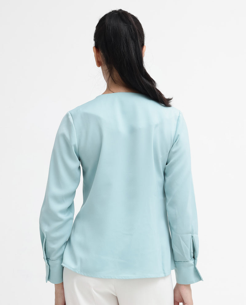 Rareism Women'S Shami Light Blue Cuffed Sleeve V-Neck Plain Top