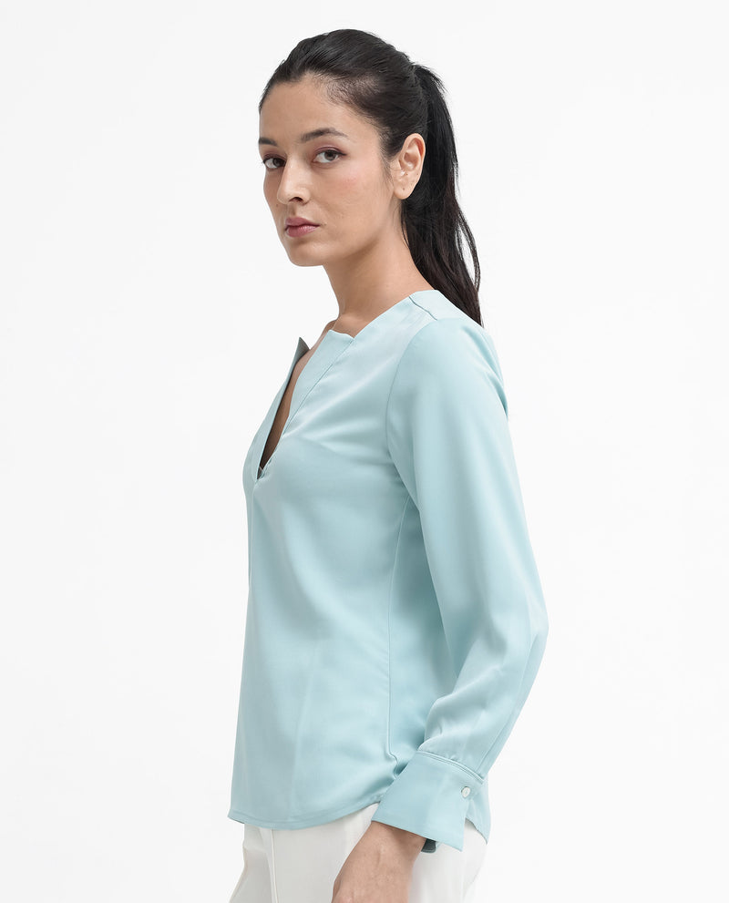Rareism Women'S Shami Light Blue Cuffed Sleeve V-Neck Plain Top