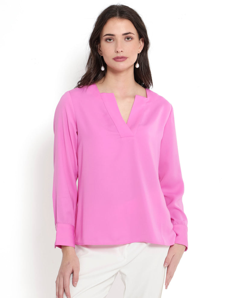 Rareism Women'S Shami Pink Cuffed Sleeve V-Neck Plain Top