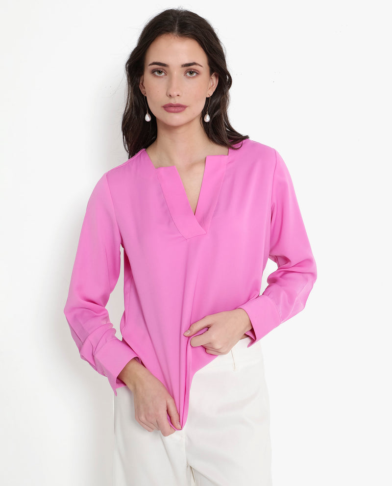 Rareism Women'S Shami Pink Cuffed Sleeve V-Neck Plain Top