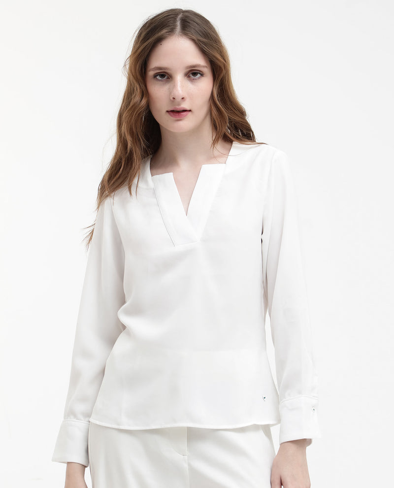 Rareism Women'S Shamon White Polyester V-Neck Cuffed Sleeve Top