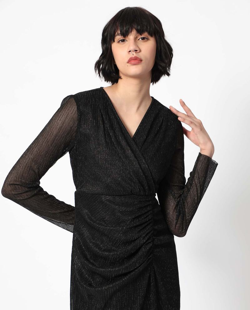 RAREISM WOMEN'S SIGA METALLIC BLACK DRESS FULL SLEEVES V NECK SOLID