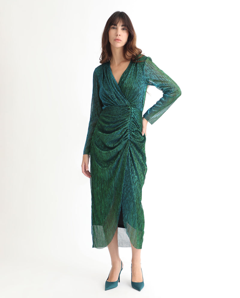 RAREISM WOMEN'S SIGA METALLIC GREEN DRESS FULL SLEEVES V NECK SOLID