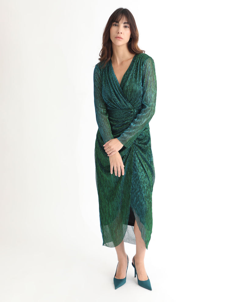 RAREISM WOMEN'S SIGA METALLIC GREEN DRESS FULL SLEEVES V NECK SOLID