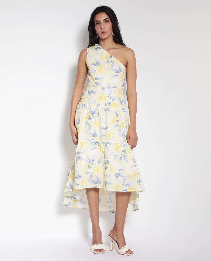 Rareism Women'S Simplet Multi Cotton Fabric One Shoulder Floral Print Longline Dress
