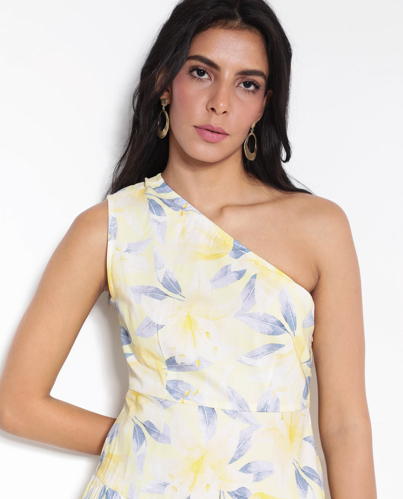 Rareism Women'S Simplet Multi Cotton Fabric One Shoulder Floral Print Longline Dress