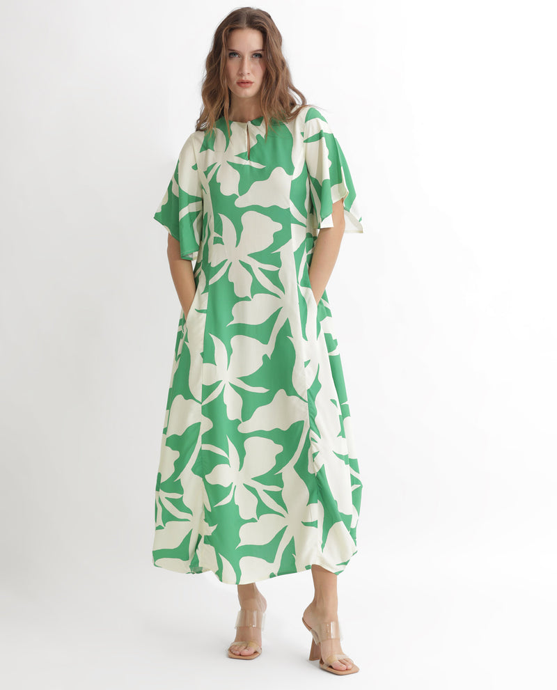 Rareism Women'S Slager Green Abstract Print Round Neck With Key Hole Button Half Sleeves And Pocket Midi Dress