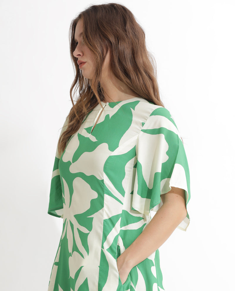Rareism Women'S Slager Green Abstract Print Round Neck With Key Hole Button Half Sleeves And Pocket Midi Dress