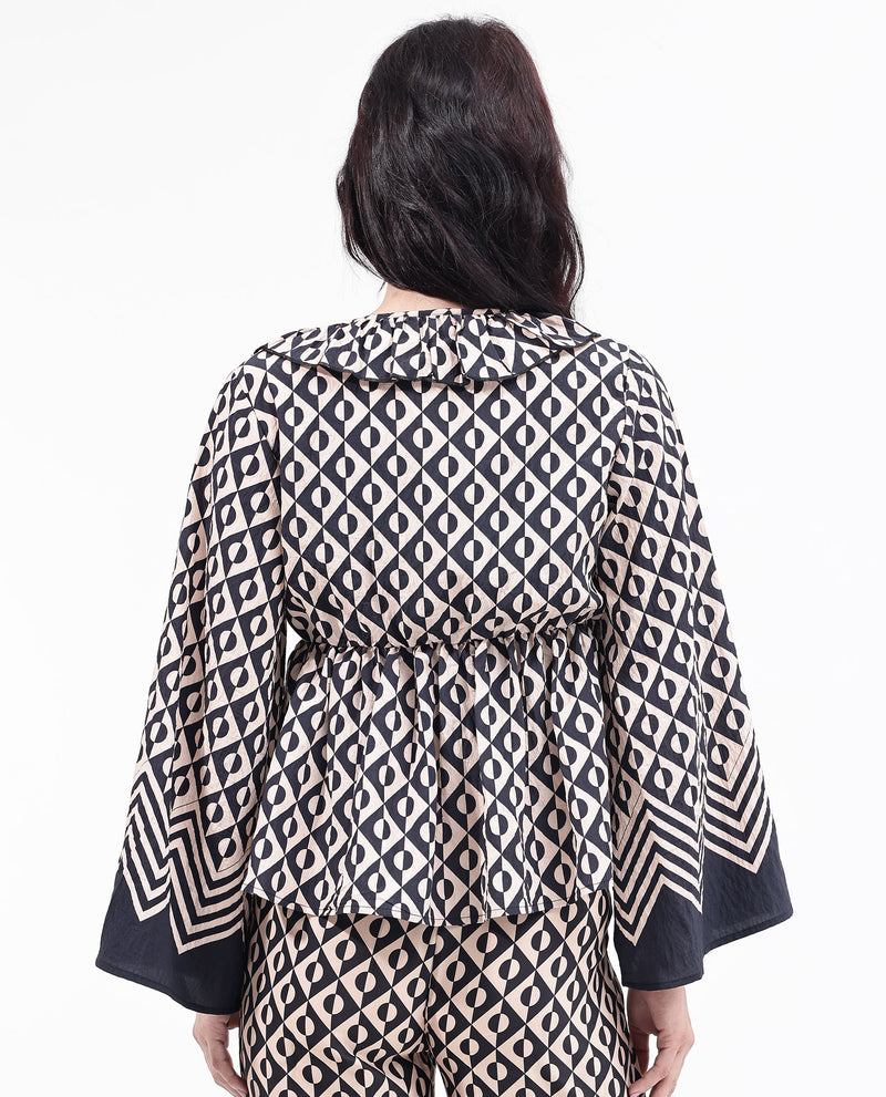 Rareism Women'S Smor Black Viscose Fabric Bell Sleeves Ruffled Neck Tie Up Closure Geometric Print Top