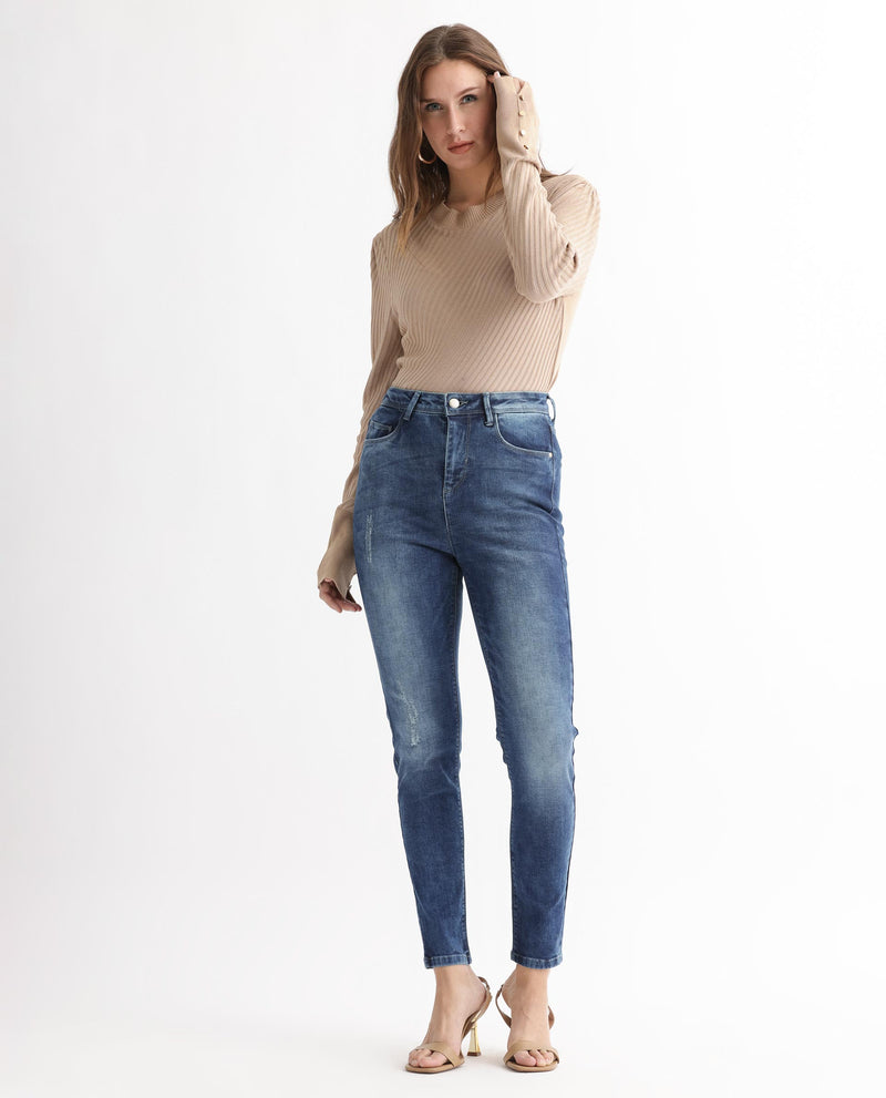 Rareism Women'S Snowtail Blue Cotton Lycra Fabric High Rise Solid Slim Fit Ankle Length Jeans