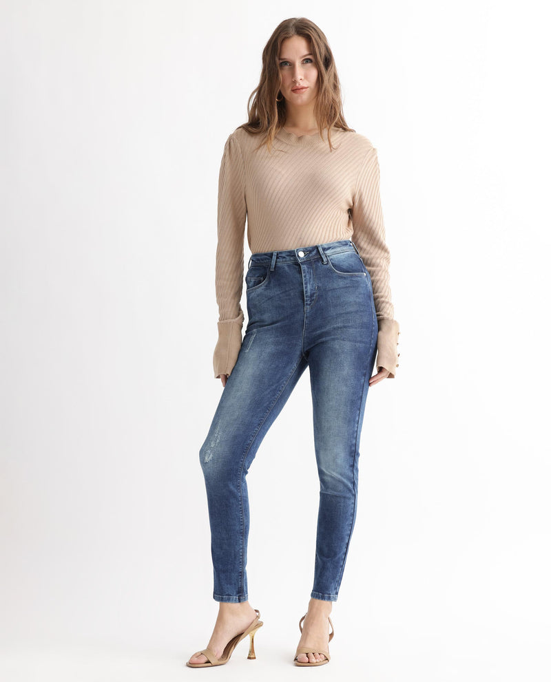 Rareism Women'S Snowtail Blue Cotton Lycra Fabric High Rise Solid Slim Fit Ankle Length Jeans