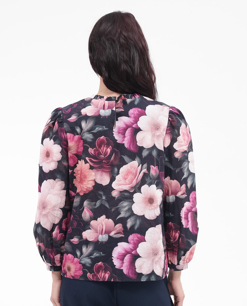 Rareism Women's Sola Black Bishop Sleeve Ruffled Neck Floral Print Top