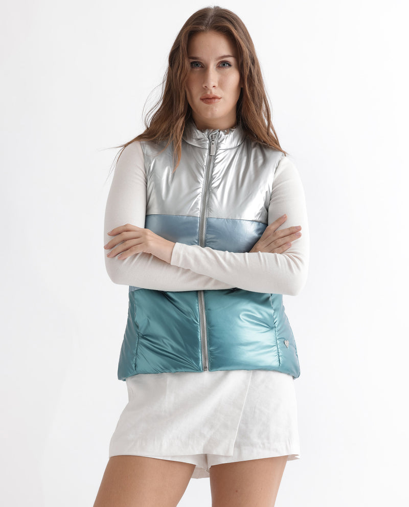 Rareism Women's Sophia Silver Polyester Fabric Sleeveless Solid High Neck Jacket