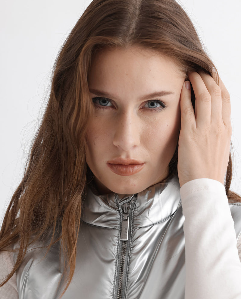 Rareism Women's Sophia Silver Polyester Fabric Sleeveless Solid High Neck Jacket