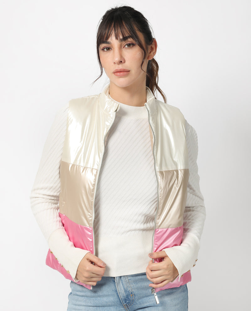 Rareism Women'S Sophia White Polyester Fabric Sleeveless Solid High Neck Jacket