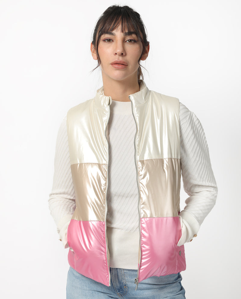 Rareism Women'S Sophia White Polyester Fabric Sleeveless Solid High Neck Jacket