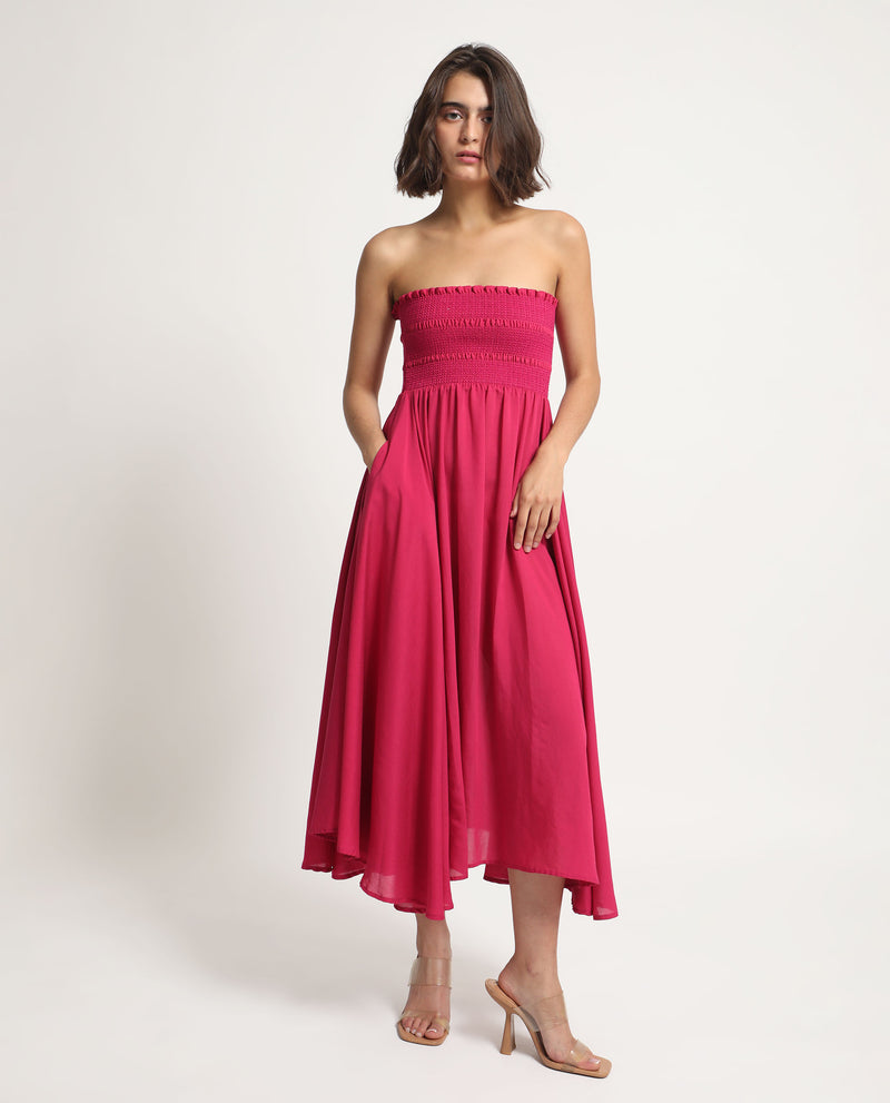 Rareism Women's Sperb Dark Pink Viscose Nylon Fabric Sleeveless Tube Neck Shoulder Straps Fit And Flare Plain Knee Length Empire Dress