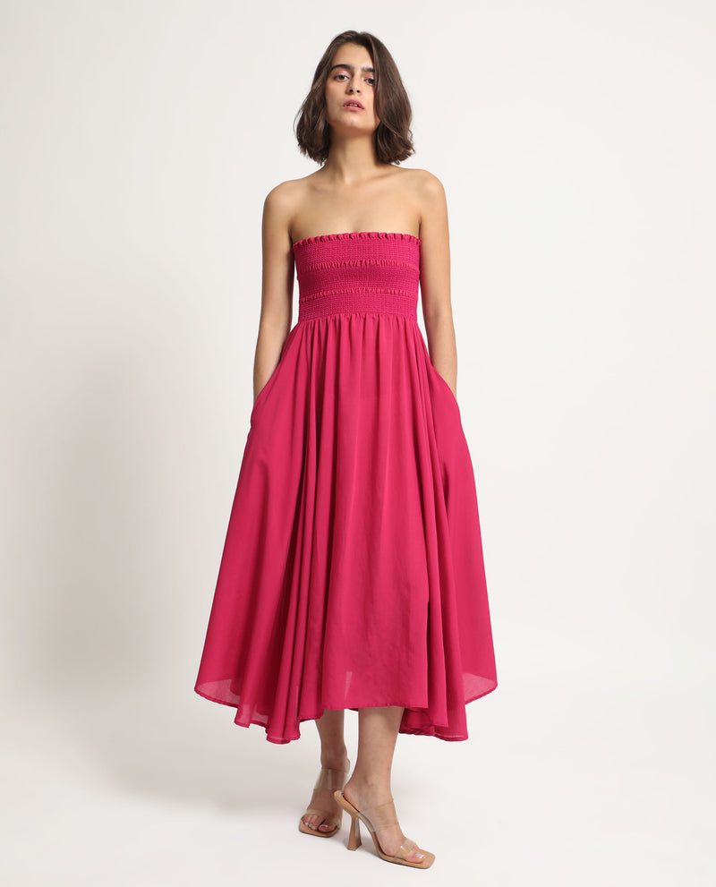 Rareism Women's Sperb Dark Pink Viscose Nylon Fabric Sleeveless Tube Neck Shoulder Straps Fit And Flare Plain Knee Length Empire Dress