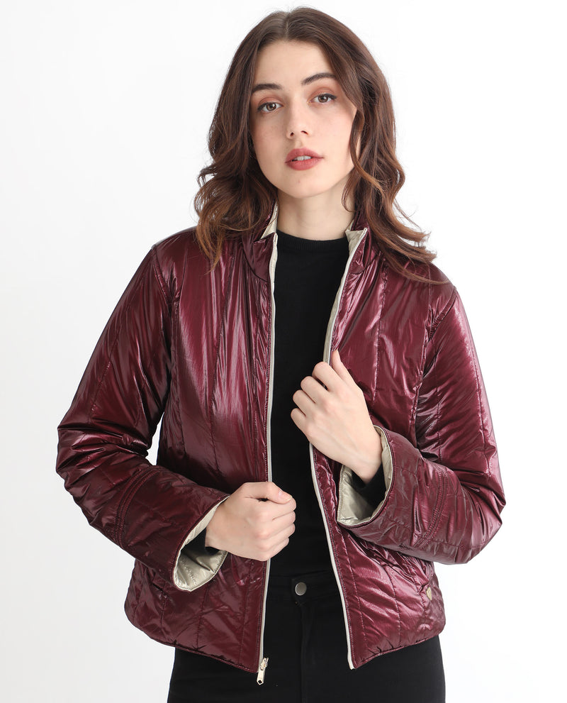 Rareism Women'S Stein Gold Polyester Fabric Full Sleeves Solid Mandarin Collar Jacket