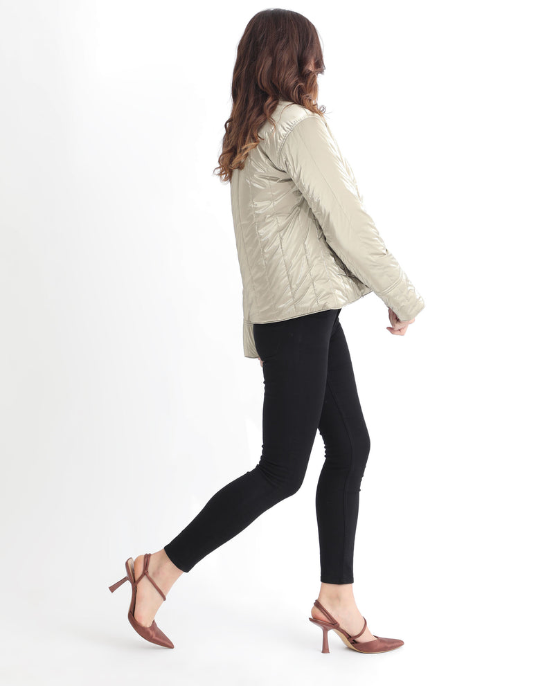 Rareism Women'S Stein Gold Polyester Fabric Full Sleeves Solid Mandarin Collar Jacket