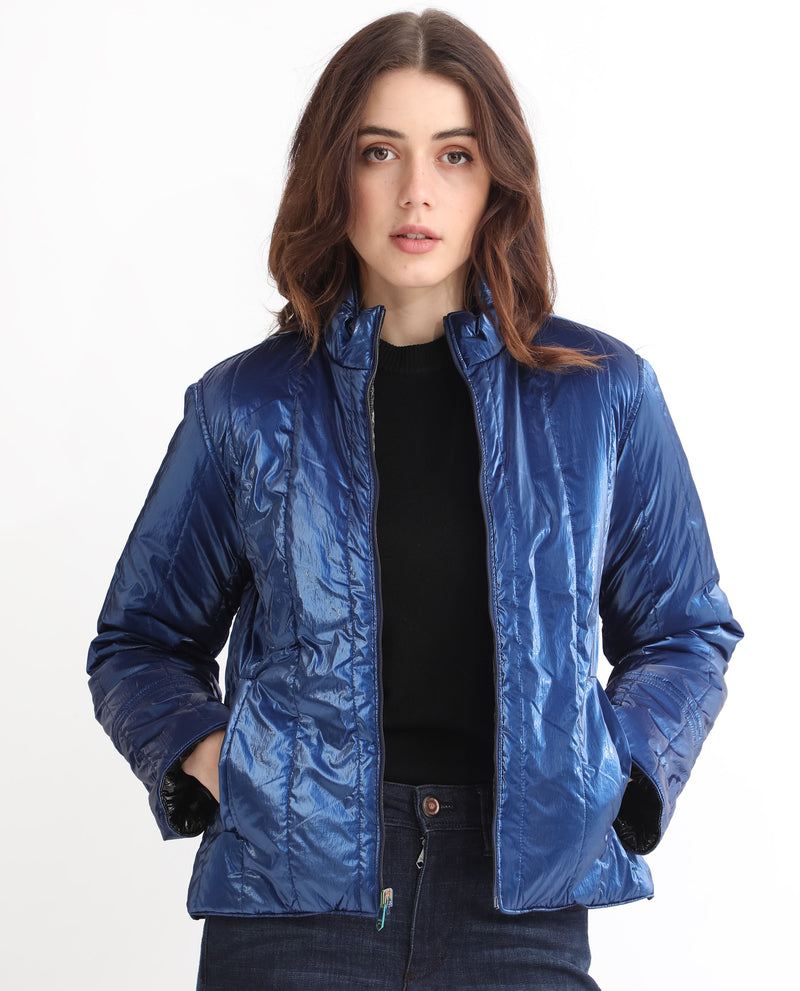 Rareism Women's Stein Navy Polyester Fabric Full Sleeves Zip Closure Mandarin Collar Regular Fit Plain Jacket