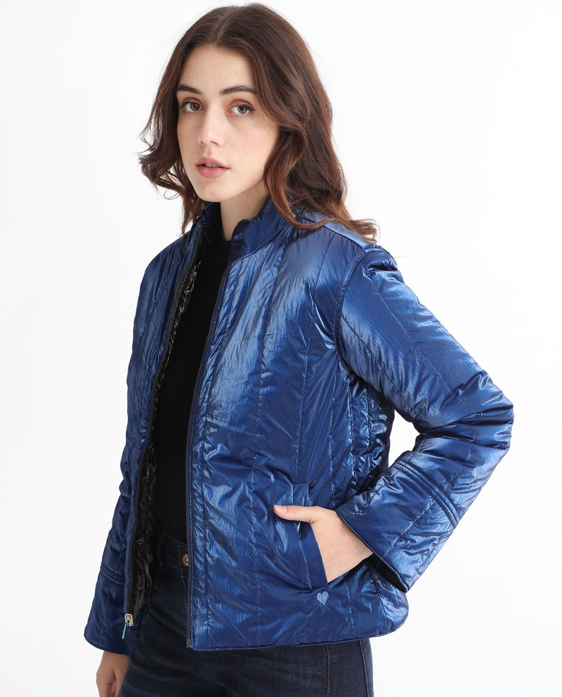 Rareism Women's Stein Navy Polyester Fabric Full Sleeves Zip Closure Mandarin Collar Regular Fit Plain Jacket