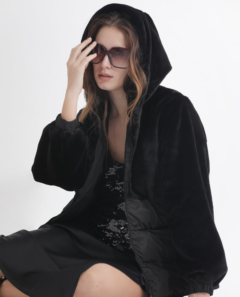 Rareism Women's Stelar Black Polyester Fabric Full Sleeves Zip Closure Hooded Regular Fit Plain Jacket