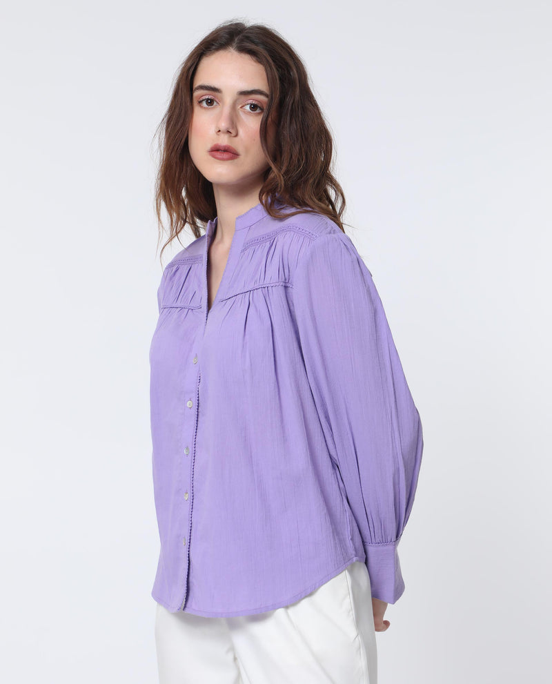 Rareism Women's Stern Light Purple Cotton Fabric Relaxed Fit Mandarin Collar Full Sleeves Solid Top
