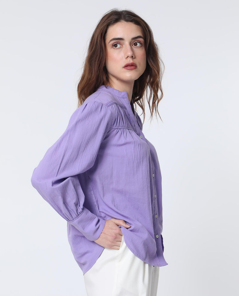 Rareism Women's Stern Light Purple Cotton Fabric Relaxed Fit Mandarin Collar Full Sleeves Solid Top