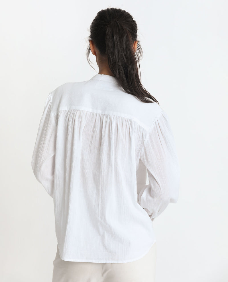 Rareism Women's Stern White Cotton Fabric Full Sleeves Mandarin Collar Bishop Sleeve Relaxed Fit Plain Blouse Top