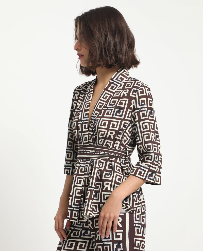 Rareism Women'S Stevenson Brown Polyester Fabric 3/4Th Sleeves Regular Fit Geometric Print Top