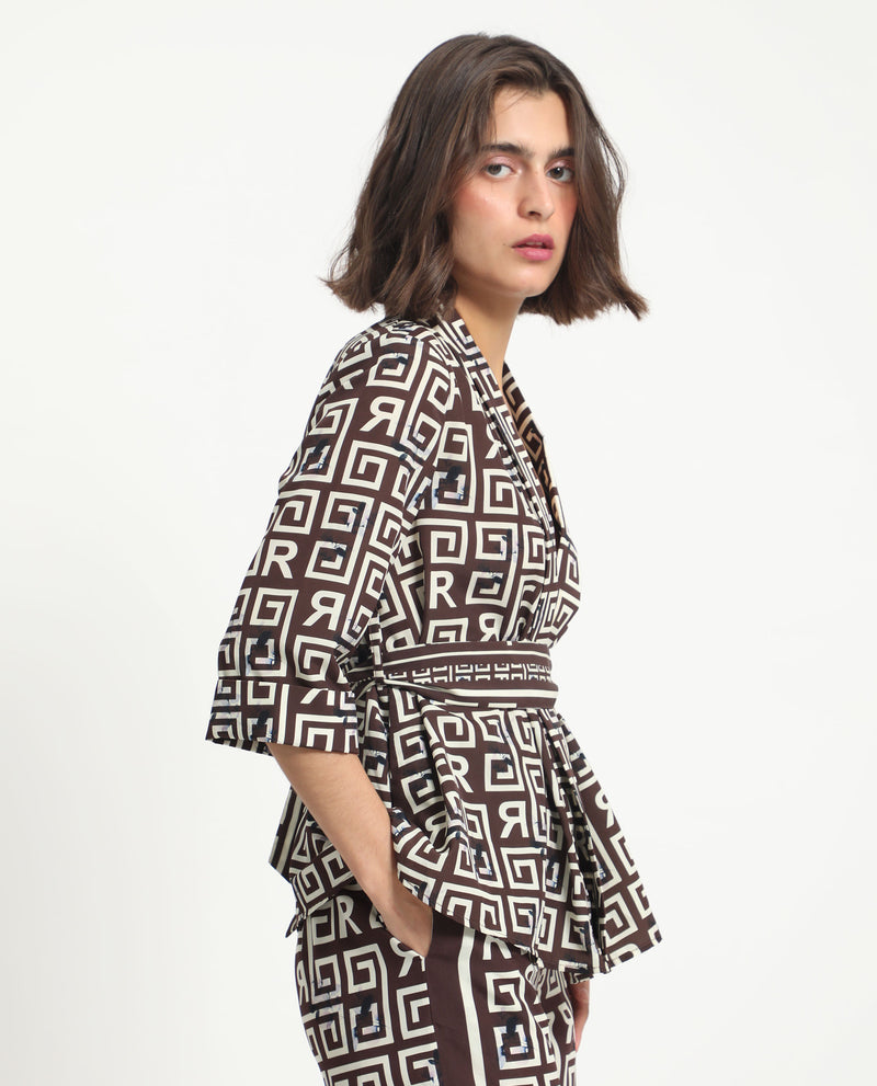 Rareism Women'S Stevenson Brown Polyester Fabric 3/4Th Sleeves Regular Fit Geometric Print Top