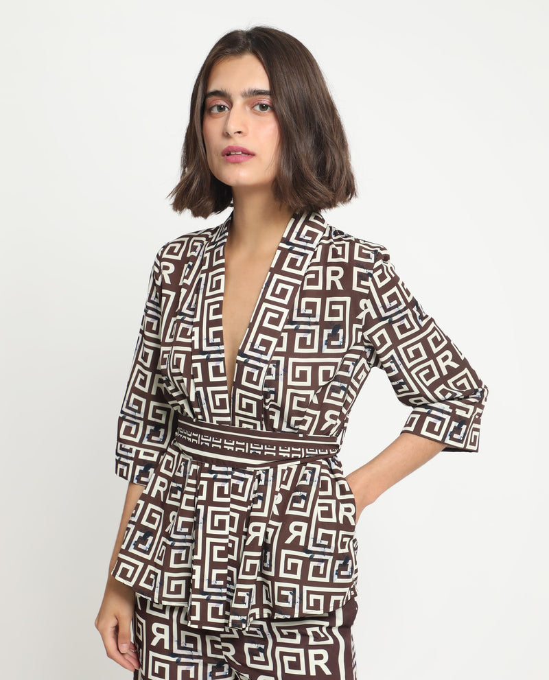 Rareism Women's Stevenson Brown Polyester Fabric 3/4Th Sleeves Regular Fit Geometric Print Top