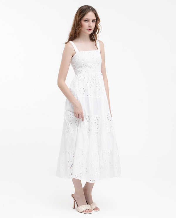 Rareism Women's Stiletus White Cotton Fabric Noodle Strap Solid Longline Dress