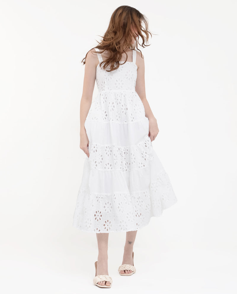 Rareism Women'S Stiletus White Cotton Fabric Noodle Strap Solid Longline Dress