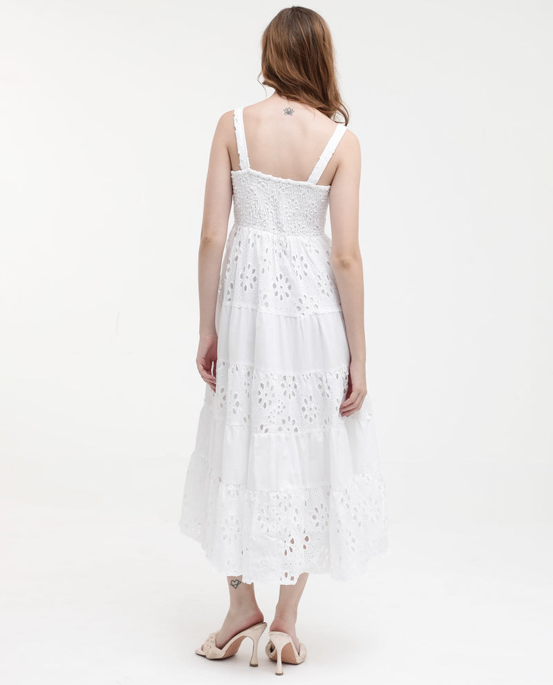 Rareism Women'S Stiletus White Cotton Fabric Noodle Strap Solid Longline Dress