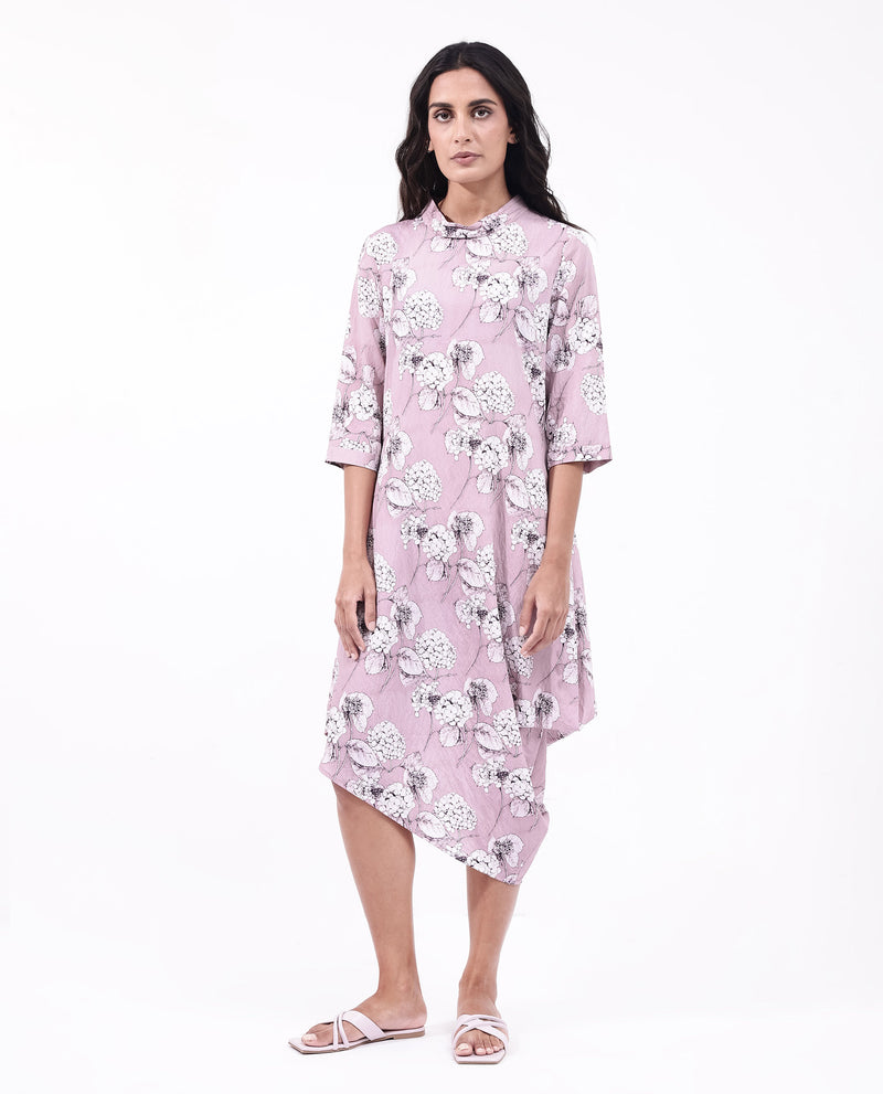 Rareism Women's Sullivio Dusky Pink 3/4Th Sleeve High Neck Zipper Relaxed Fit Floral Print Midi Dress