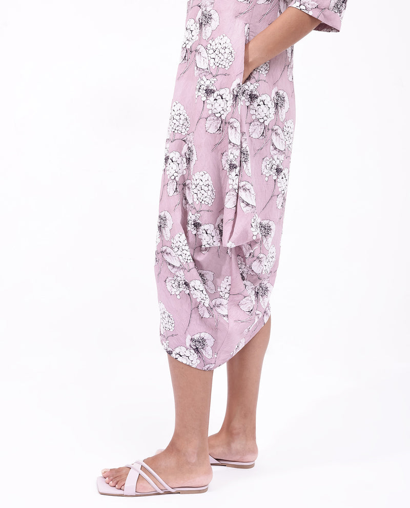 Rareism Women's Sullivio Dusky Pink 3/4Th Sleeve High Neck Zipper Relaxed Fit Floral Print Midi Dress