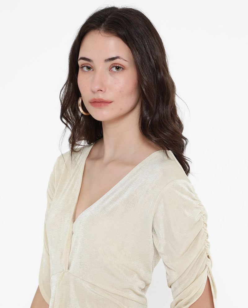 Rareism Women'S Tangiren Light Beige Polyester Fabric Short Sleeve V-Neck Solid Regular Fit Top