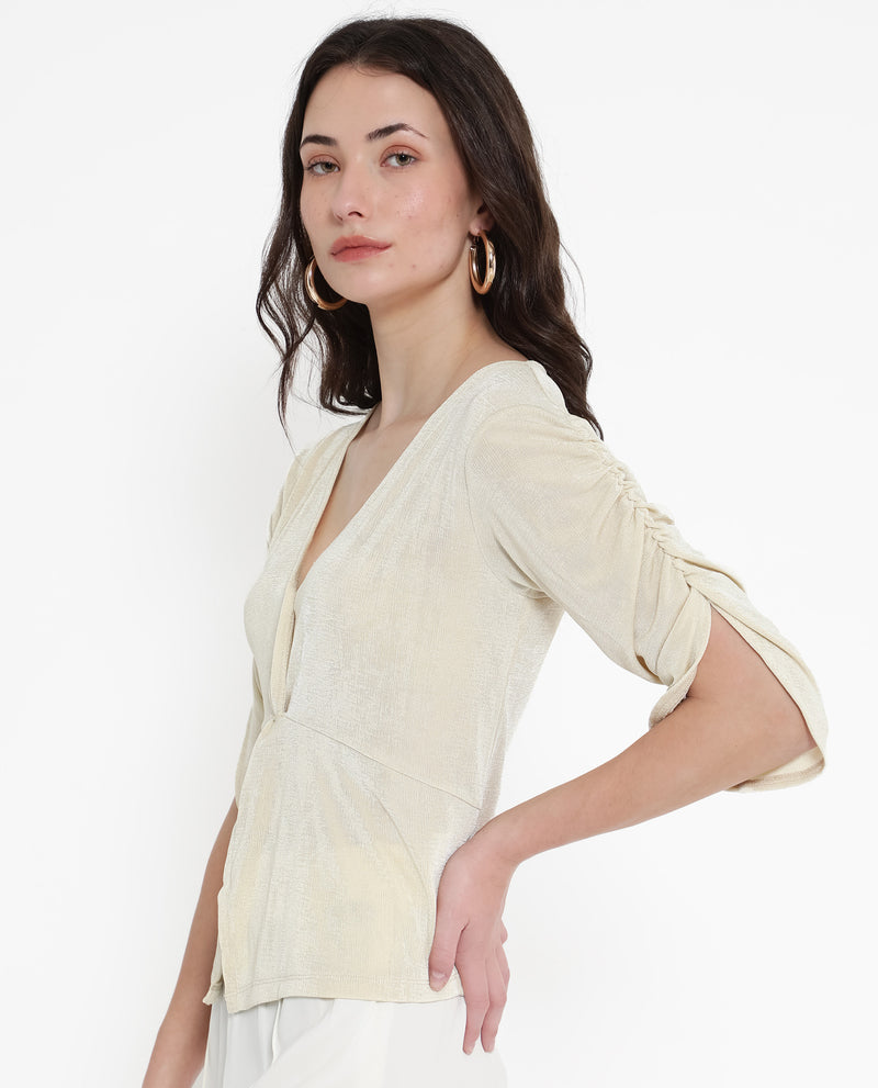 Rareism Women'S Tangiren Light Beige Polyester Fabric Short Sleeve V-Neck Solid Regular Fit Top
