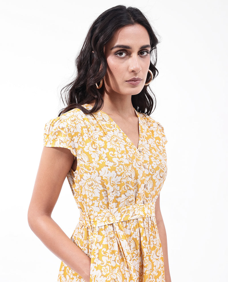 Rareism Women's Tenna Yellow Cap Sleeves V-Neck Button Closure Fit And Flare Midi Floral Print Dress
