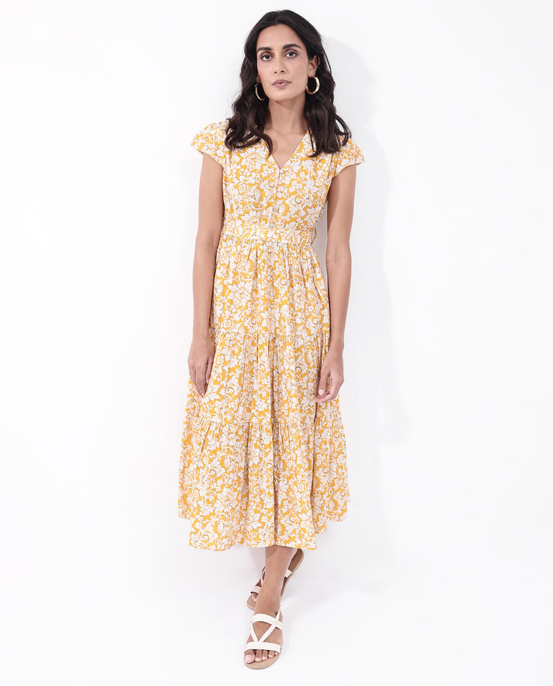 Rareism Women's Tenna Yellow Cap Sleeves V-Neck Button Closure Fit And Flare Midi Floral Print Dress