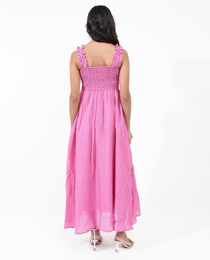 Rareism Women'S Tesi Flouroscent Pink Rayon Nylon Fabric Noodle Strap Solid Longline Dress