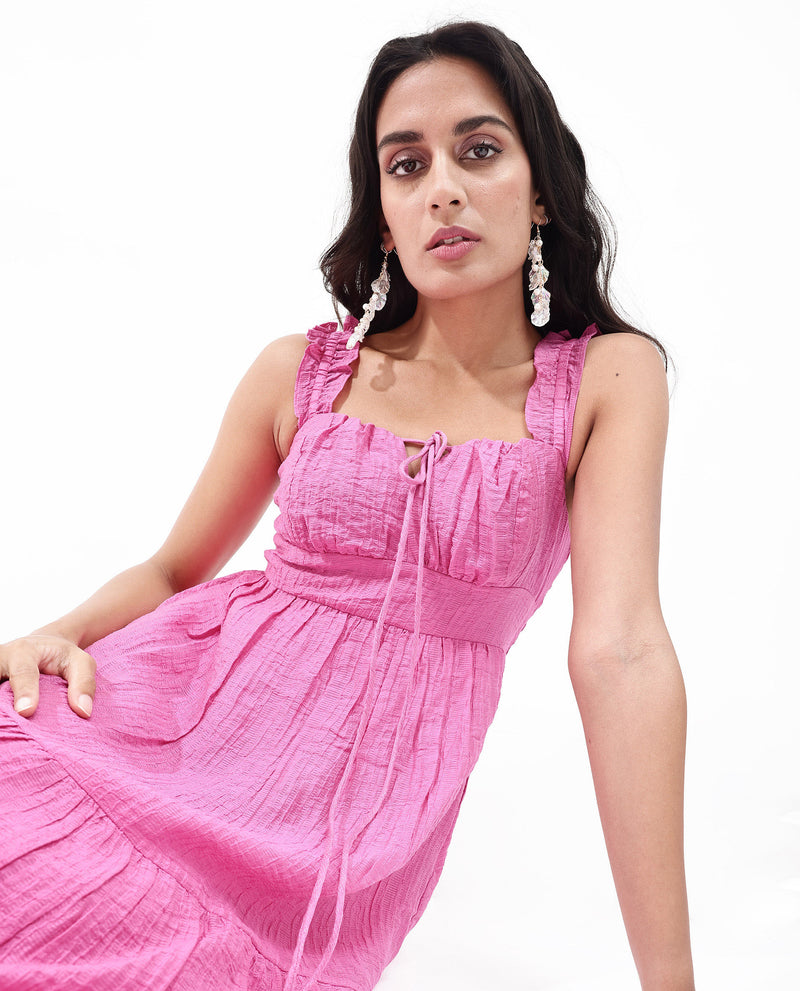 Rareism Women'S Tesi Flouroscent Pink Rayon Nylon Fabric Noodle Strap Solid Longline Dress