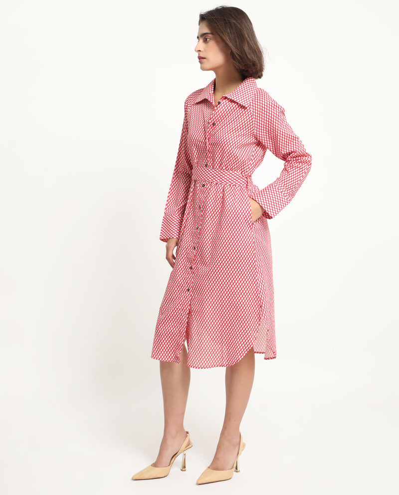 Rareism Women's Thomson Red Cotton Fabric Full Sleeves Button Closure Shirt Collar Cuffed Sleeve Fit And Flare Checked Midi Boxy Dress