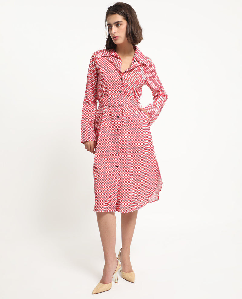 Rareism Women's Thomson Red Cotton Fabric Full Sleeves Button Closure Shirt Collar Cuffed Sleeve Fit And Flare Checked Midi Boxy Dress