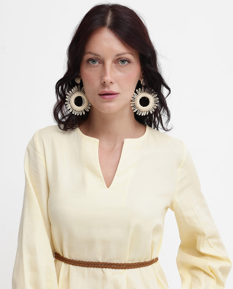 Rareism Women'S Tirday Yellow Cotton Fabric Regular Sleeves Key Hole Neck Solid Regular Length Dress